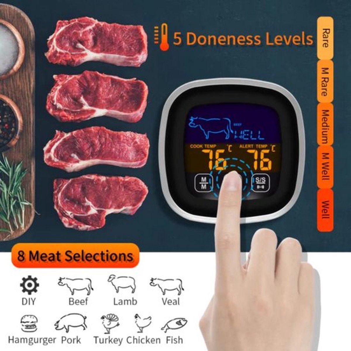 Digitale BBQ Thermometer - Tot 300°C - Waterdicht - Vlees- en Kookthermometer met Alarm & Timer - Inclusief Batterijen — cadeau in Kookcadeaus - foto 3