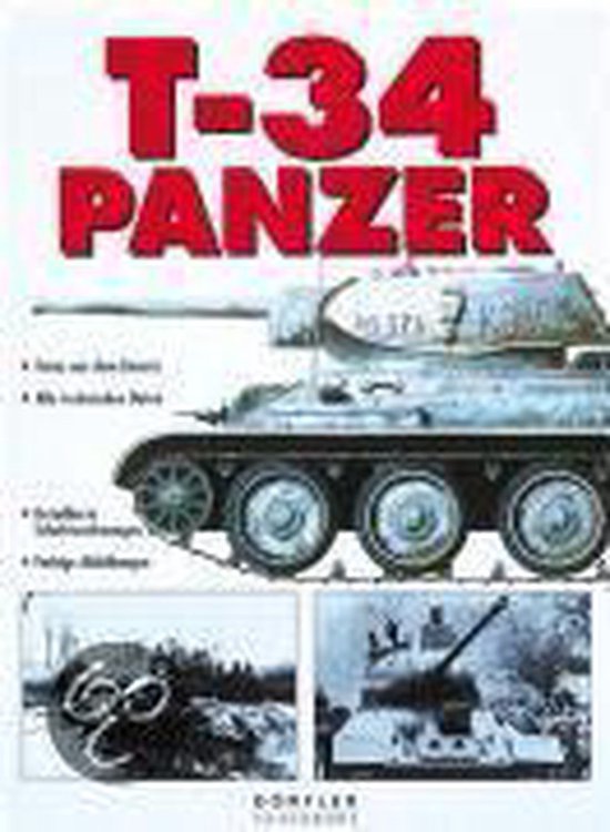 Boekomslag met de titel T-34 PANZER in rode letters. Een grijze tank staat prominent in beeld.