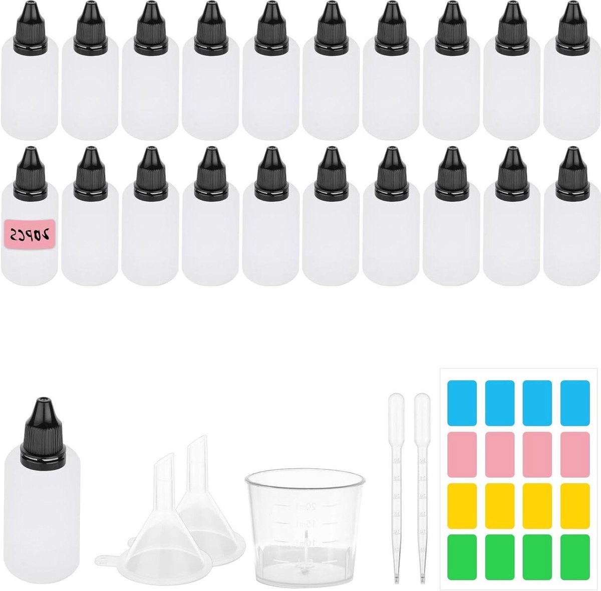 Image of 20 stuks 30 ml knijpbare druppelflesjes - herbruikbare oogvloeistof - lege druppelflesjes met maatbeker - trechters - druppelaars - 16 etiketten voor oogdruppels .