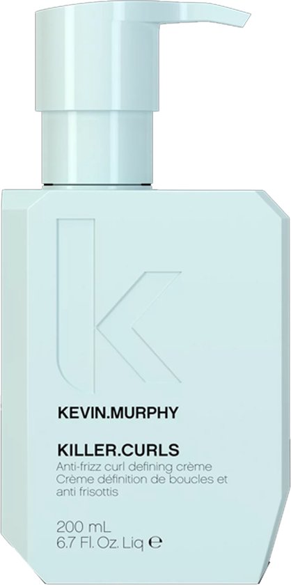 Lichtblauwe pompflacon van KEVIN.MURPHY Killer.Curls met de tekst 'Anti-frizz curl defining crème' en '200 mL 6.7 Fl. Oz. Liq e'.