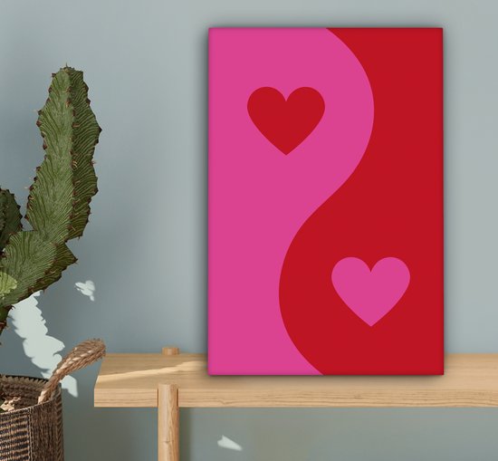 Tableau sur toile 20x30 cm - Décoration murale Minimaliste - Rouge - Rose - Hartjes - Décoration murale murale salon - Décoration chambre - Accessoires chambre - Peintures sur toile