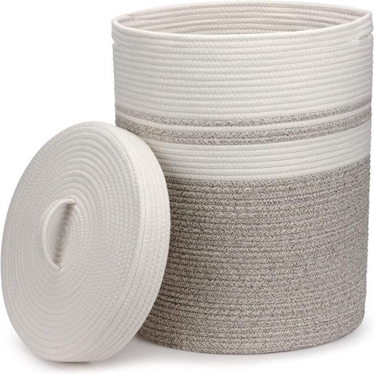 Opvouwbare wasmand met deksel - wasverzamelaar - gevlochten manden - wit bruin - katoenen mand - opbergmand - groot XXL - 37 x 52 cm