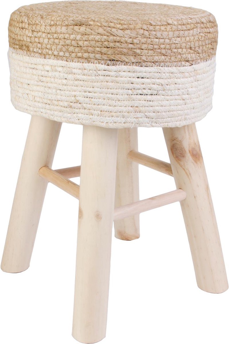 Ronde Jute Kruk - Ø 30 x 42 cm – Houten Kruk - Bohemian Krukje met Houten Poten – Multifunctioneel voor Woonkamer, Slaapkamer & Hal – Duurzaam Krukje - Bruin/Wit