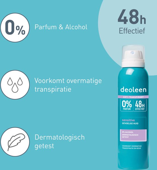 Deoleen Derma Intense 48 uur - Anti-transpirant spray - Voorkomt overmatige transpiratie en transpiratiegeur - 48 uur effectief - 0% parfum & 0% alcohol - Dermatologisch getest - Deodorant - 150 ml