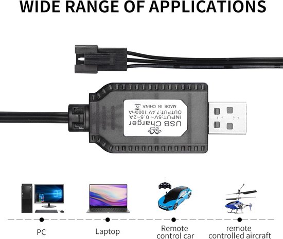 Tosiicop 3,7 V Lipo-acculader - SM-2P stekker oplaadkabel universele oplaadbare Li-ion acculader met USB-kabel voor RC auto RC drone op afstand bestuurde speelgoedauto stunt truck boot 2 stuks