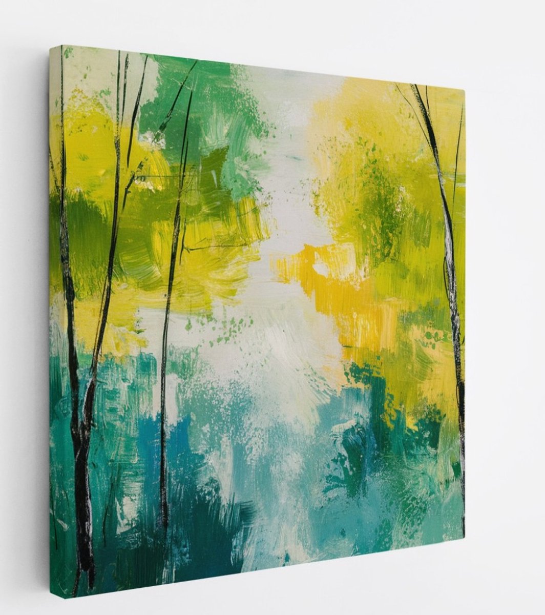 Saammp Canvas Schilderij - Bomen - Geel -Blauw - Groen - Bloemen - Landschap - Natuur - 60x60 - Foto op canvas - Wanddecoratie - Muurdecoratie Woonkamer - Slaapkamer decoratie - Canvas Print Multicolor