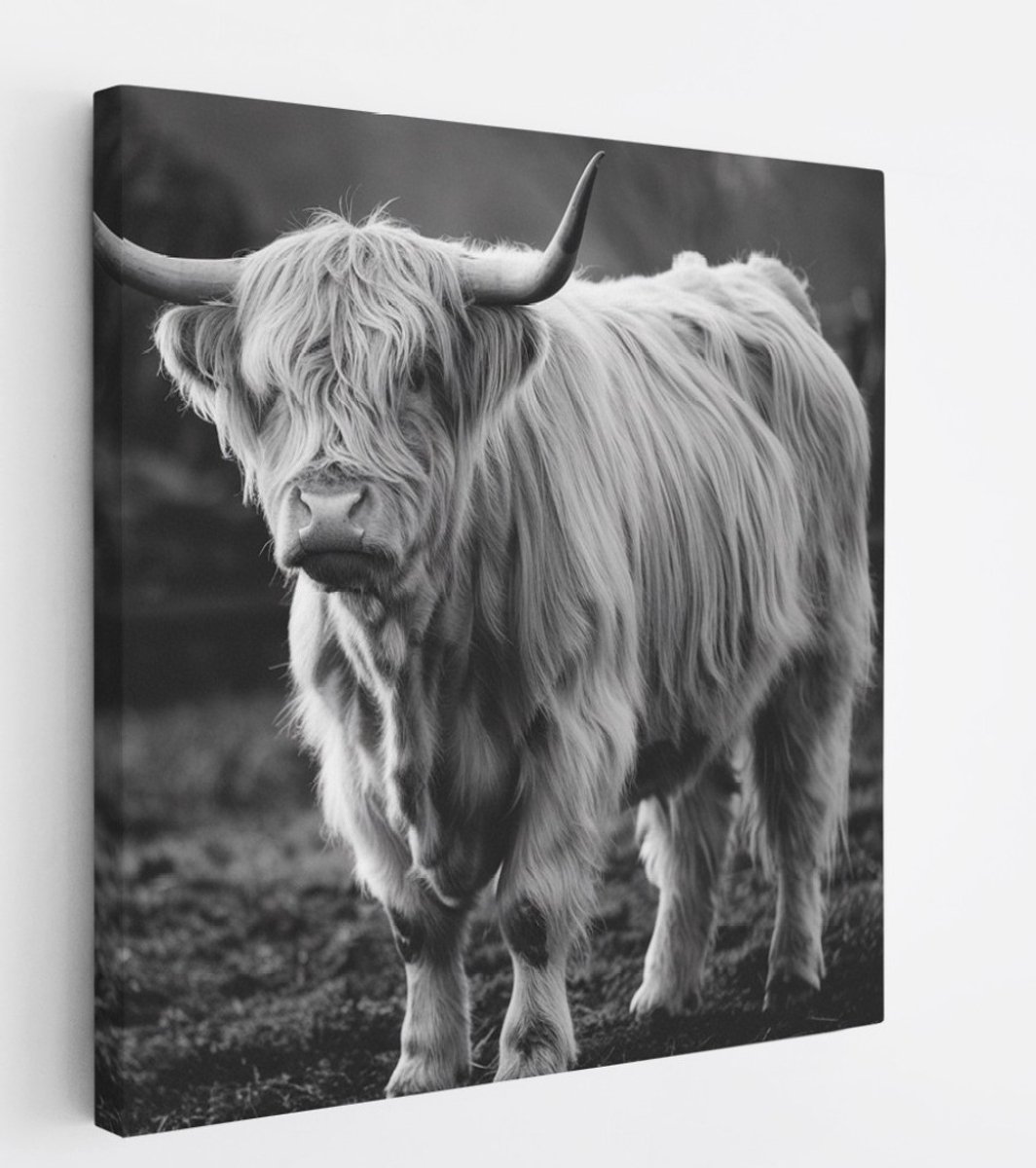 Saammp Canvas Schilderij - Schotse Hooglander Koe - Zwart-Wit - Dieren - Natuur - 30x30 - Foto op canvas - Wanddecoratie - muurdecoratie Woonkamer - Slaapkamer decoratie - Canvas Print Multicolor