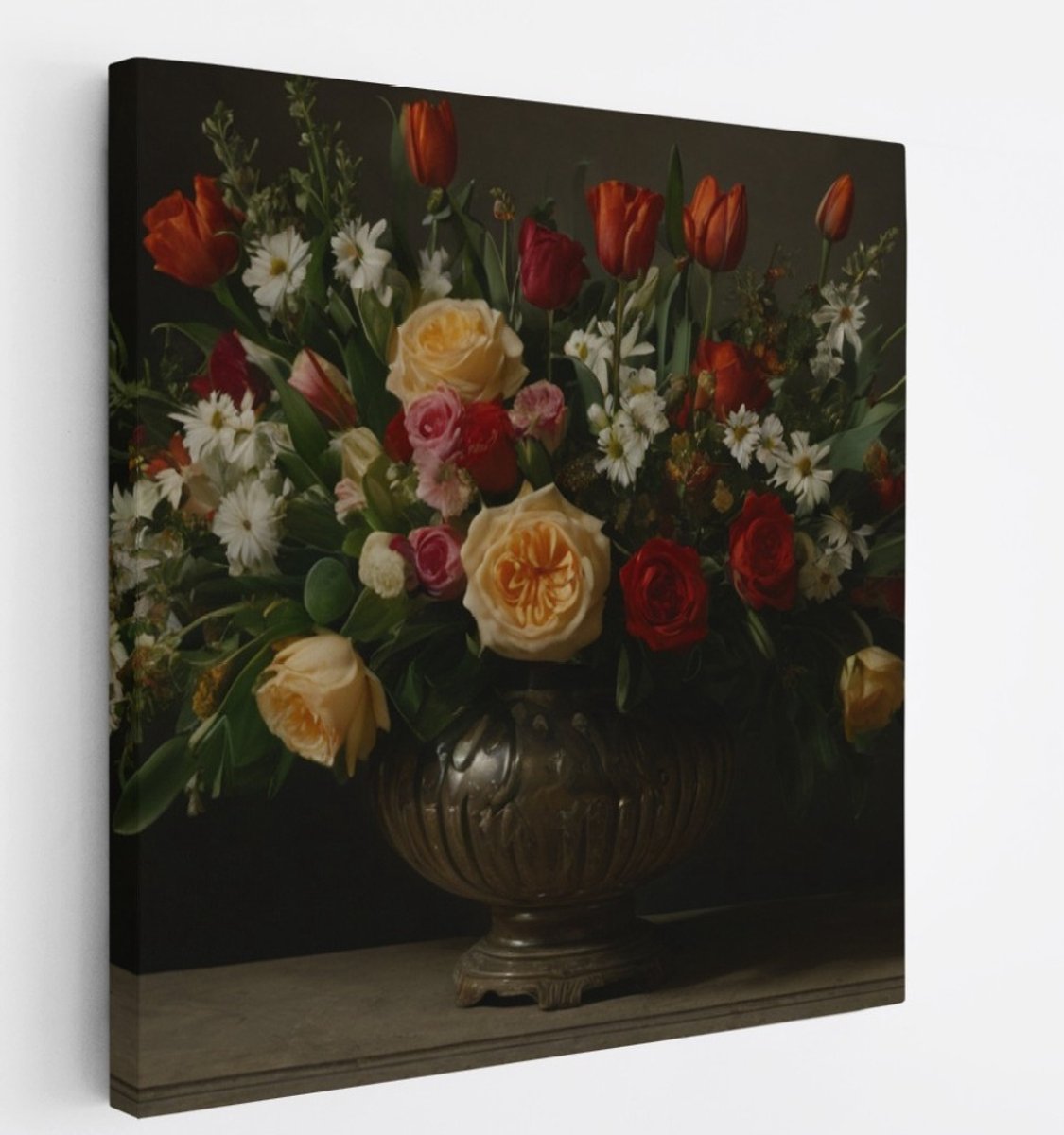 Saammp Canvas Schilderij - Bloemstuk met Rijke Kleuren in Donkere Setting - Natuur - Klassiek - 100x100 - Foto op canvas - Wanddecoratie - Muurdecoratie Woonkamer - Kantoor Decoratie Multicolor