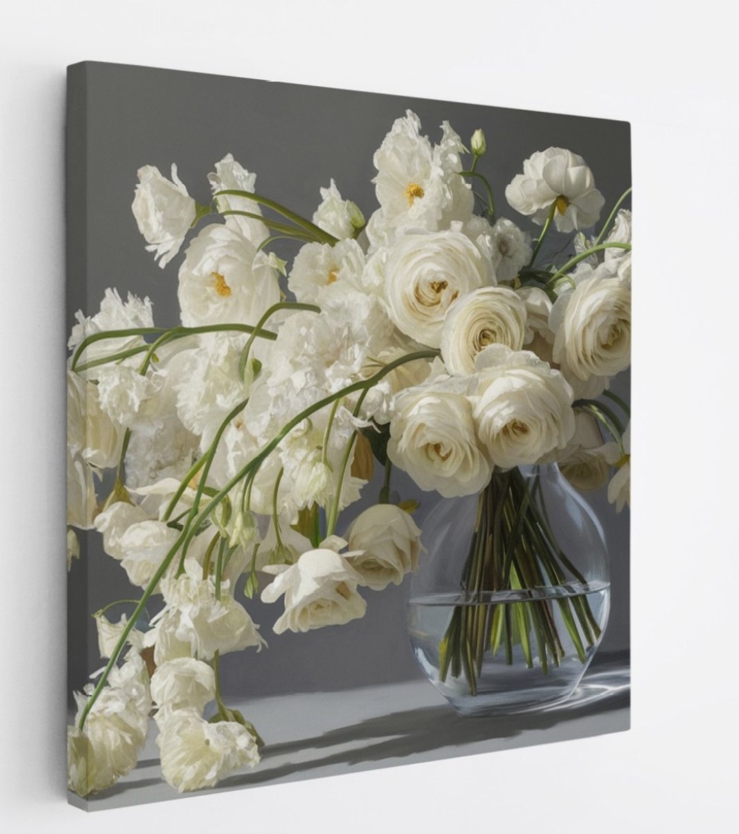 Saammp Canvas Schilderij - Abstracte Witte Bloemen in een vaas- Natuur - 100x100 - Foto op canvas - Wanddecoratie - Muurdecoratie Woonkamer - Kantoor Decoratie Multicolor