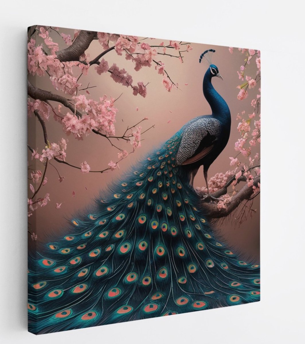 Saammp Canvas Schilderij - Pauw tussen de roze bloesem - Dieren - Natuur - 20x20 - Foto op canvas - Wanddecoratie - muurdecoratie Woonkamer - Slaapkamer decoratie - Canvas Print Multicolor