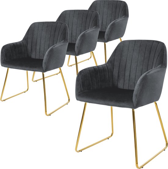 Duhome Keukenstoel, set van 2 fluwelen stoelen, woonkamerstoel met rugleuning, metalen poten, gestoffeerd, grijs