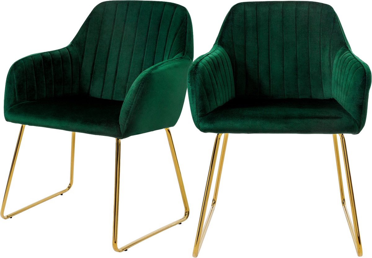 ml-design eetkamerstoelen set van 2, fluwelen zitting, groen, woonkamerstoel met rugleuning en armleuningen, keukenstoel met gouden poten, gestoffeerde stoel met metalen frame, ergonomische armstoel