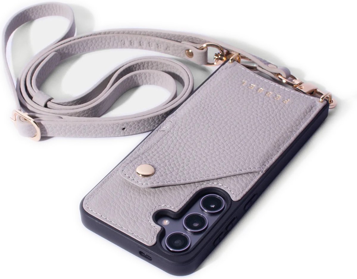 Pebbel Crossbody Hoesje Greige - Geschikt voor Samsung Galaxy S23 - Luxe Hoesje met Koord - Echt Italiaans Leer - Pasvakje