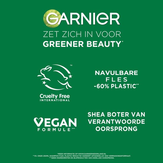 Garnier zet zich in voor groenere beauty: cruelty free, vegan formule, navulbare fles met minder plastic.