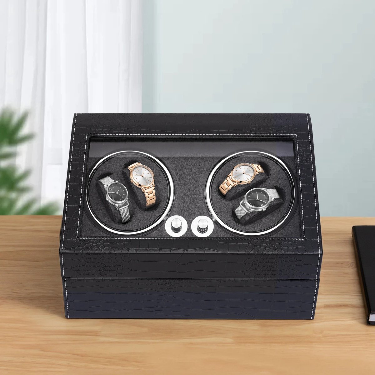 Horloge Vitrine - Horloge Box - Roterende Vitrine - Watch Winder - Voor 4 plus 6 Horloges - LED verlichting - Zwart en Grijs