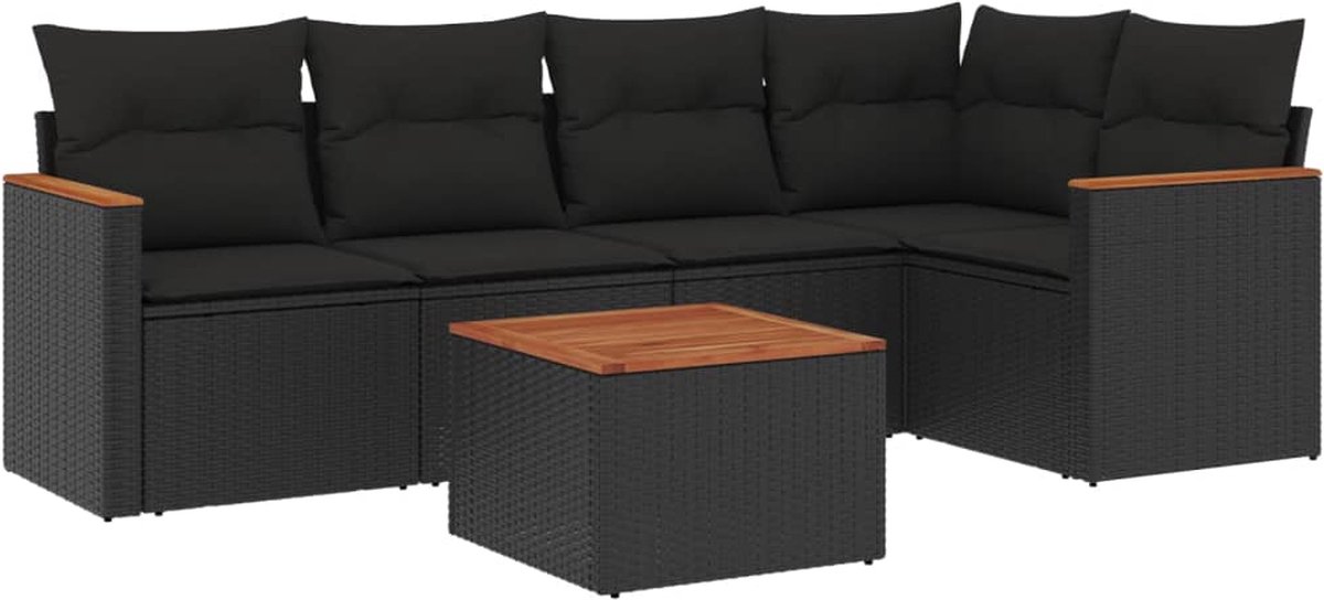 The Living Store 6-delige Loungeset met kussens poly rattan zwart - Loungeset - Lounge Set - Tuinlounge - Buitendining - Outdoor Furniture