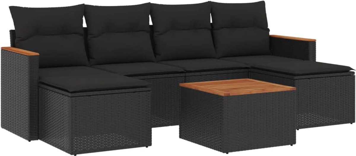 Poly rattan loungeset in zwart met kussens voor buiten - The Living Store.