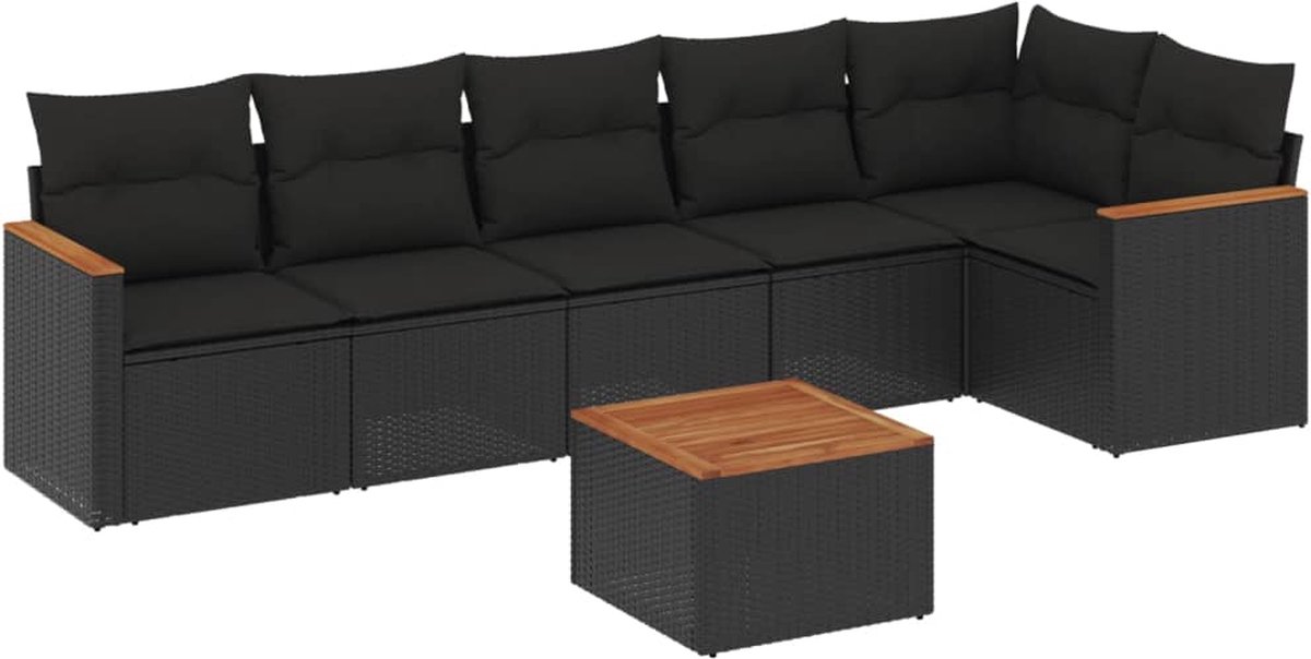 The Living Store 7-delige Loungeset met kussens poly rattan zwart - Loungeset - Lounge Set - Tuinlounge - Buitendining - Outdoor Furniture