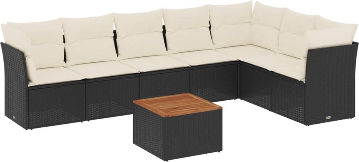 Zwarte poly rattan loungeset met kussens voor tuin en buiten.