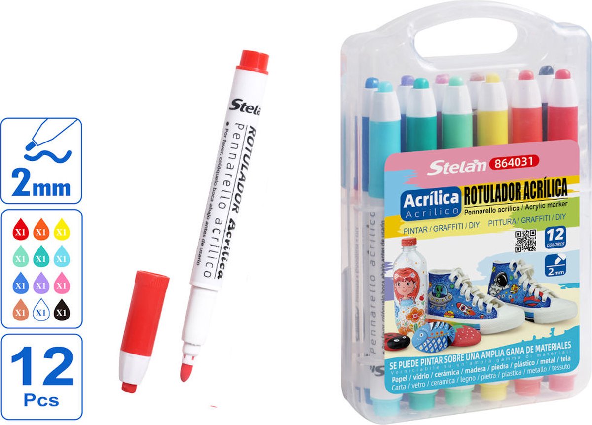Decopatent - Acryl Marker Verfstiften - 12 STUKS - Textielstiften voor kinderen - Textielstift - Textielmarkers - Kledingstiften - Acrylstiften Tekenset- Voor het beschilderen van kleding, schoenen, stenen, rotsen, hout, stof, keramiek, glas