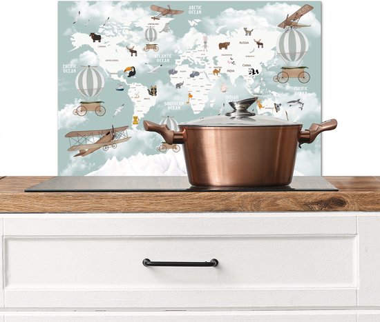 Crédence de Cuisinière en Aluminium 60x40 cm - Carte du monde - Enfant - Avion - Écran Pare-éclaboussures pour Plaque de Cuisson - Protection Murale