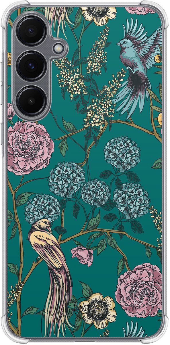 Hoesje (shockproof) geschikt voor Samsung Galaxy A55 - Vogels Japanse bloemen - Extra sterke case - TPU/polycarbonaat - Bloemen - Groen, Transparant