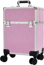 Roze beautycase met een glinsterend patroon, zilverkleurige randen en vier zwarte wielen.