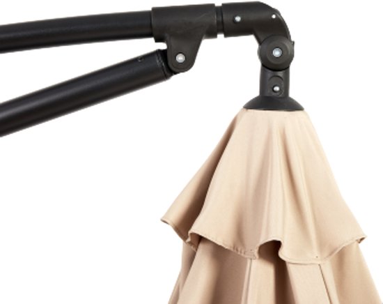 Detail van de scharnierkoppeling van de kaki zweefparasol.