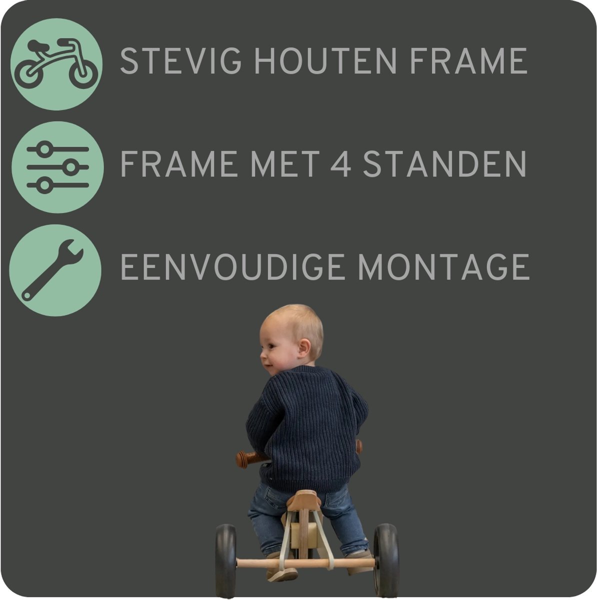 Bandits & Angels Smart Bike Loopfiets Hout 4-in-1 Groen vanaf 1 jaar - Voor Jongens en Meisjes - Houten Loop Fiets Olijfgroen - Omkeerbaar in Driewieler en Tweewieler - Verstelbaar Zadel — afbeelding 9
