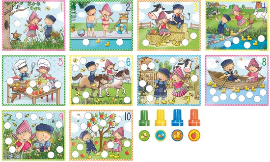 Set Fien & Teun stempels met boerderij thema kaarten: 10 kaarten genummerd 1-10.