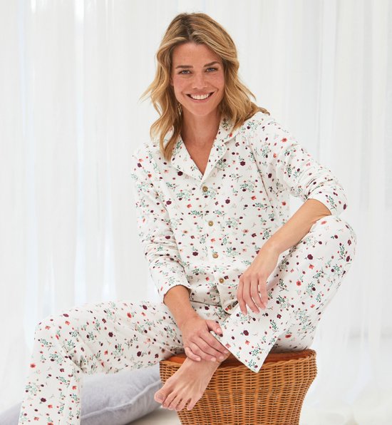 Little Label - klassieke dames pyjama wit bloemetjes XS/34-36 - Zachte BIO Katoen