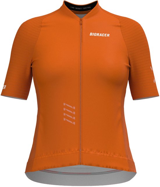 Oranje dames fietsshirt met korte mouwen, 'BIORACER' op de borst en reflecterende strepen op de achterkant.