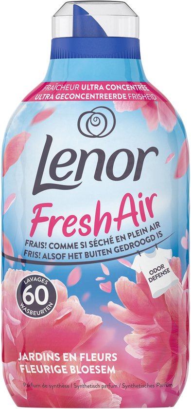Assouplissant Lenor Fresh Air ultra concentré, 60 lavages, avec des fleurs roses et un fond bleu.