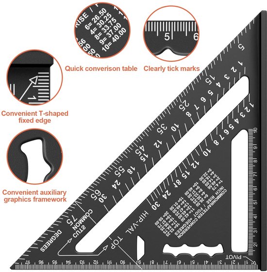 Équerre de charpentier 180 mm - Règle en aluminium - Équerre de charpentier triangulaire 45/90 degrés - Outil de mesure de haute précision - Pour charpentier, couvreur, ingénieur - Zwart