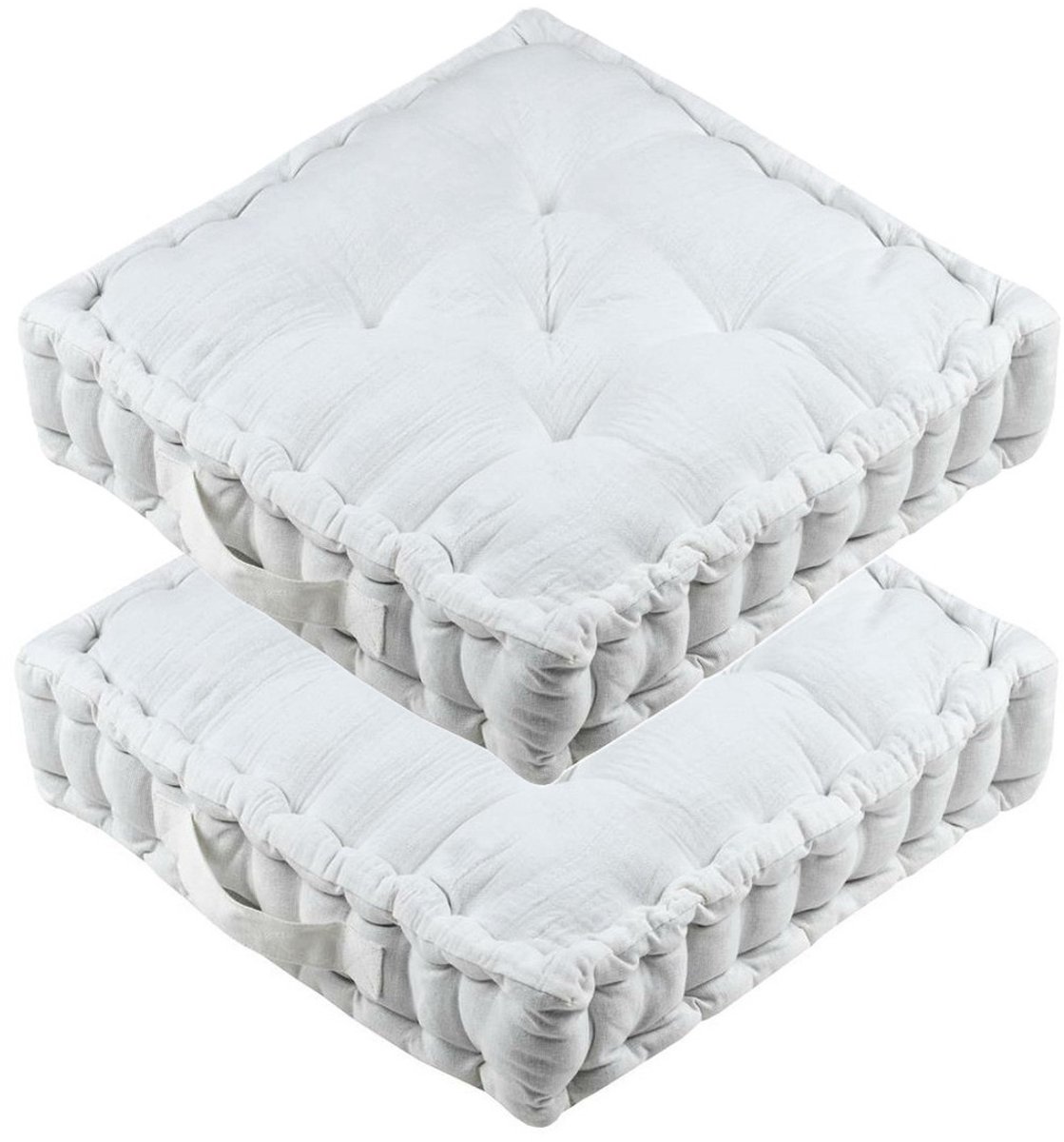 Stof Textile Vloerkussen Maxime - 2x - wit - katoen - 45 x 45 x 10 cm - vierkant - Extra dik - extra zitplaatsen - spelen - gamen - relaxen