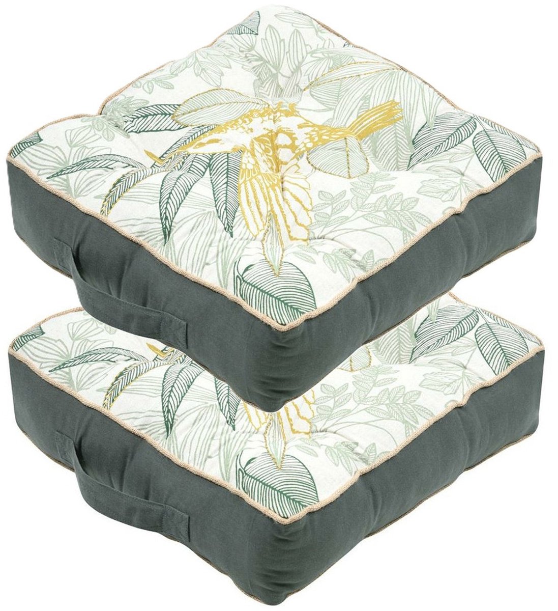 Stof Textile Vloerkussen Leaves - 2x - groen/wit - katoen - 45 x 45 x 10 cm - vierkant - Extra dik - extra zitplaatsen - spelen - gamen - relaxen
