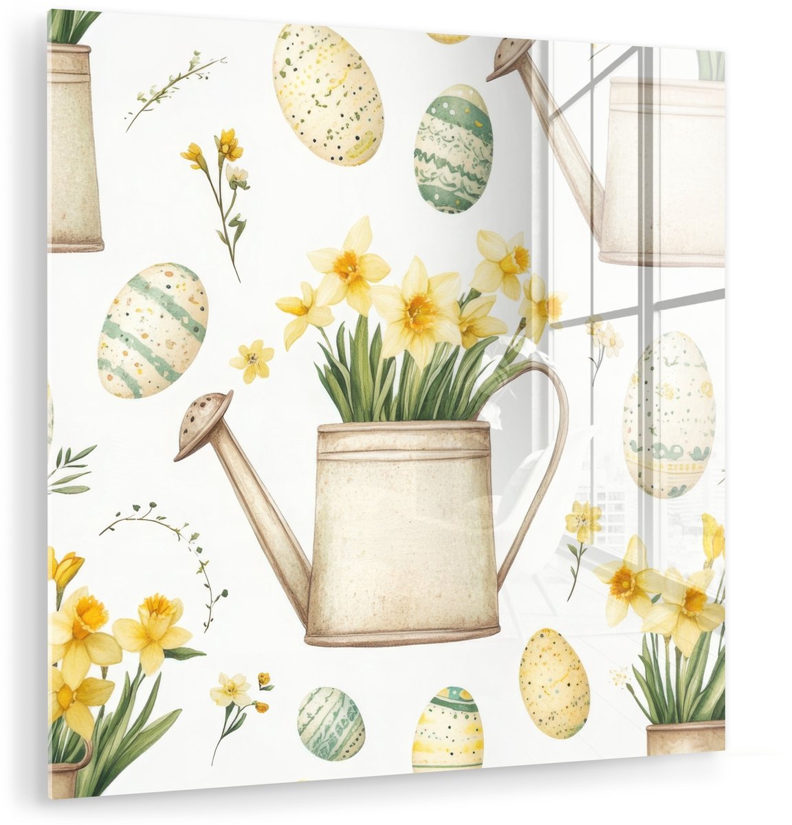 MuchoWow® Glasschilderij 20x20 cm - Schilderij acrylglas - Gieter - Bloemen - Eieren - Fot