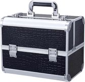 Zwarte beautycase met krokodillenprint, zilverkleurige details en handvat.
