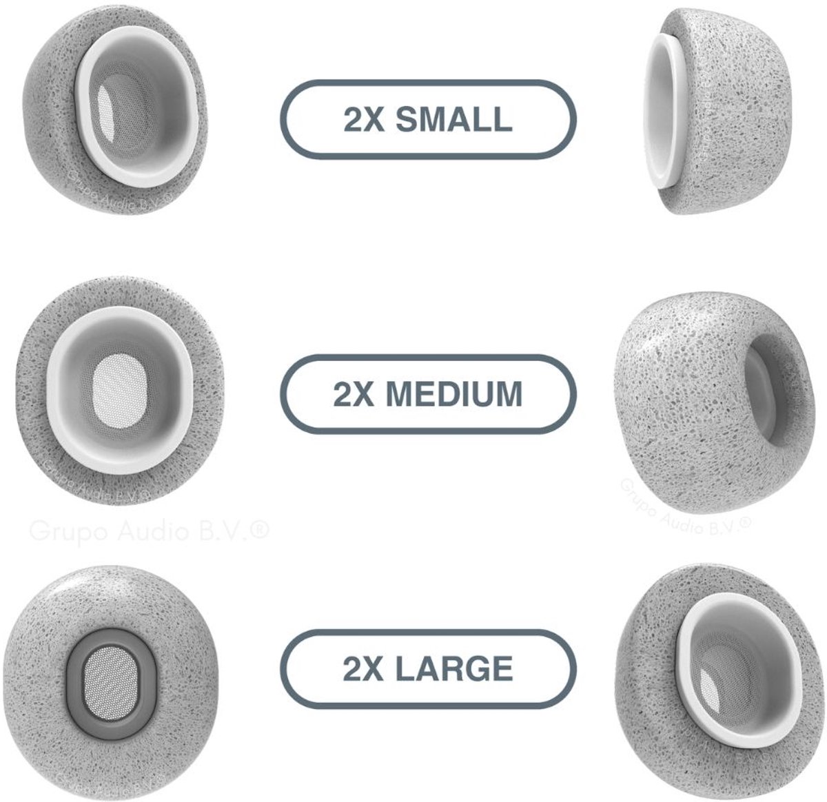 Foam eartips geschikt voor Airpods Pro (2) - licht grijs - 6× Mix (2×S + 2×M + 2×L) - zachte memory foam opzet oortjes - foamigo®