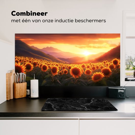 Crédence de Cuisinière en Aluminium 120x60 cm - Tournesols - Coucher de soleil - Paysage - Écran Pare-éclaboussures pour Plaque de Cuisson - Protection Murale