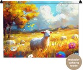 Wandkleed 90x67.5 cm - Wanddoek Schaap - Weide - Bloemen - Wandtapijt - Wandkleden