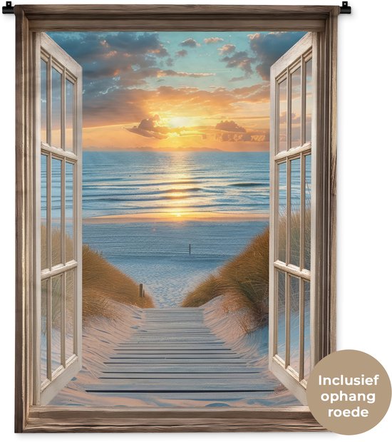 Wandkleed 90x120 cm - Wanddoek Doorkijk - Strand - Pad - Zonsondergang - Wandtapijt - Wandkleden