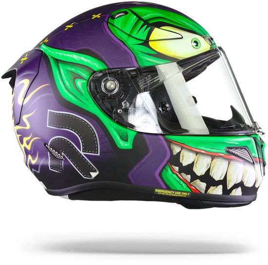 Paarse helm met groene Goblin-print. De helm toont een grote mond met tanden en het cijfer '5'.