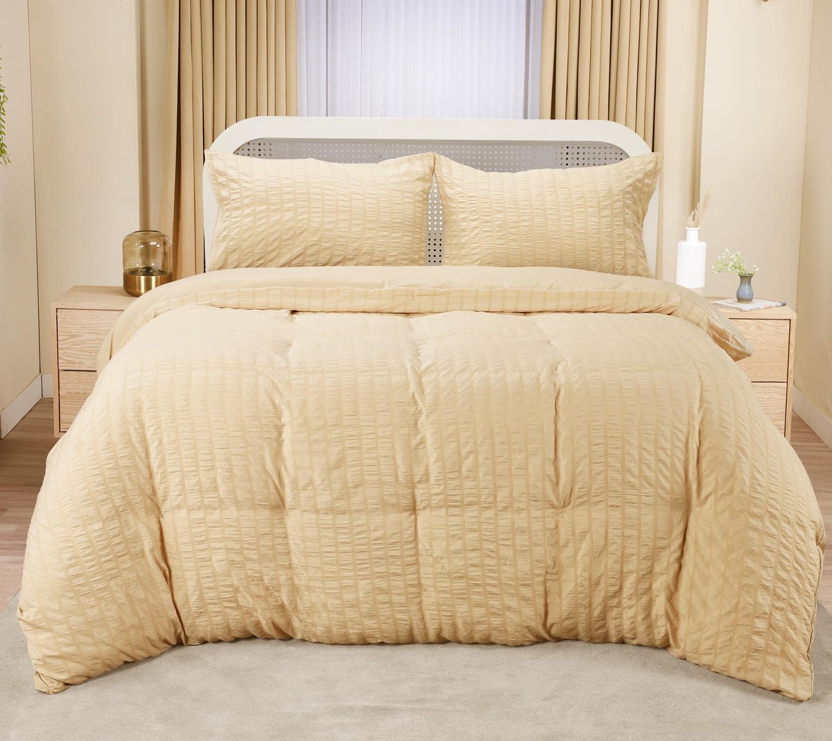 My Ninki ® Beddengoed Set van Luxe Seersucker 200x200 cm met Kussenslopen in Beige voor Optimaal Comfort