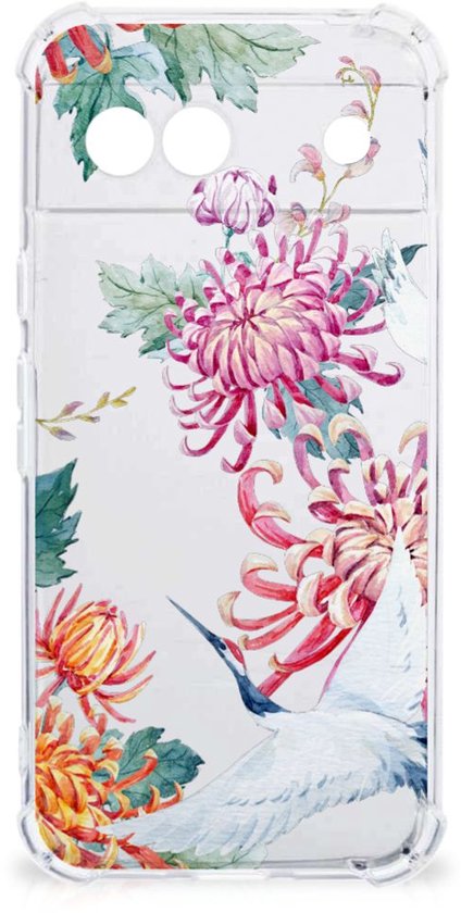 Coque de téléphone portable compatible avec Google Pixel 8A - Protection contre les chutes avec bord transparent - Fleurs d'oiseaux