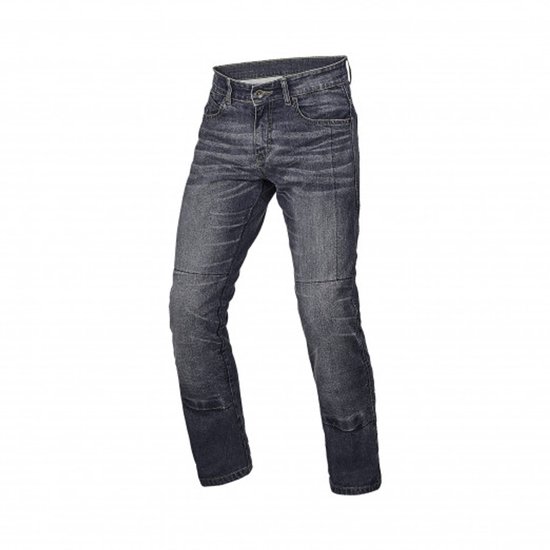 Grijze denim motorbroek met een vintage look en kniepads.