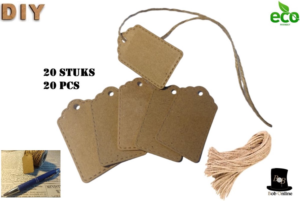 Bob Online ™ - 20 Stuks - Kraftpapier Etiketten – 5.8 x 2.8 cm – Mini Cadeauhangers met Jute Koord voor Huwelijksgeschenken, Kerstcadeaus, Feestgeschenken, Cadeaudecoratie – Craft Paper Gift Tags – Mini Gift Tags + Jute Cord