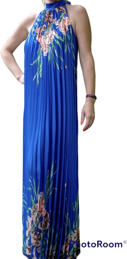 Robe longue, plissée, bleu fleuri, Taille unique