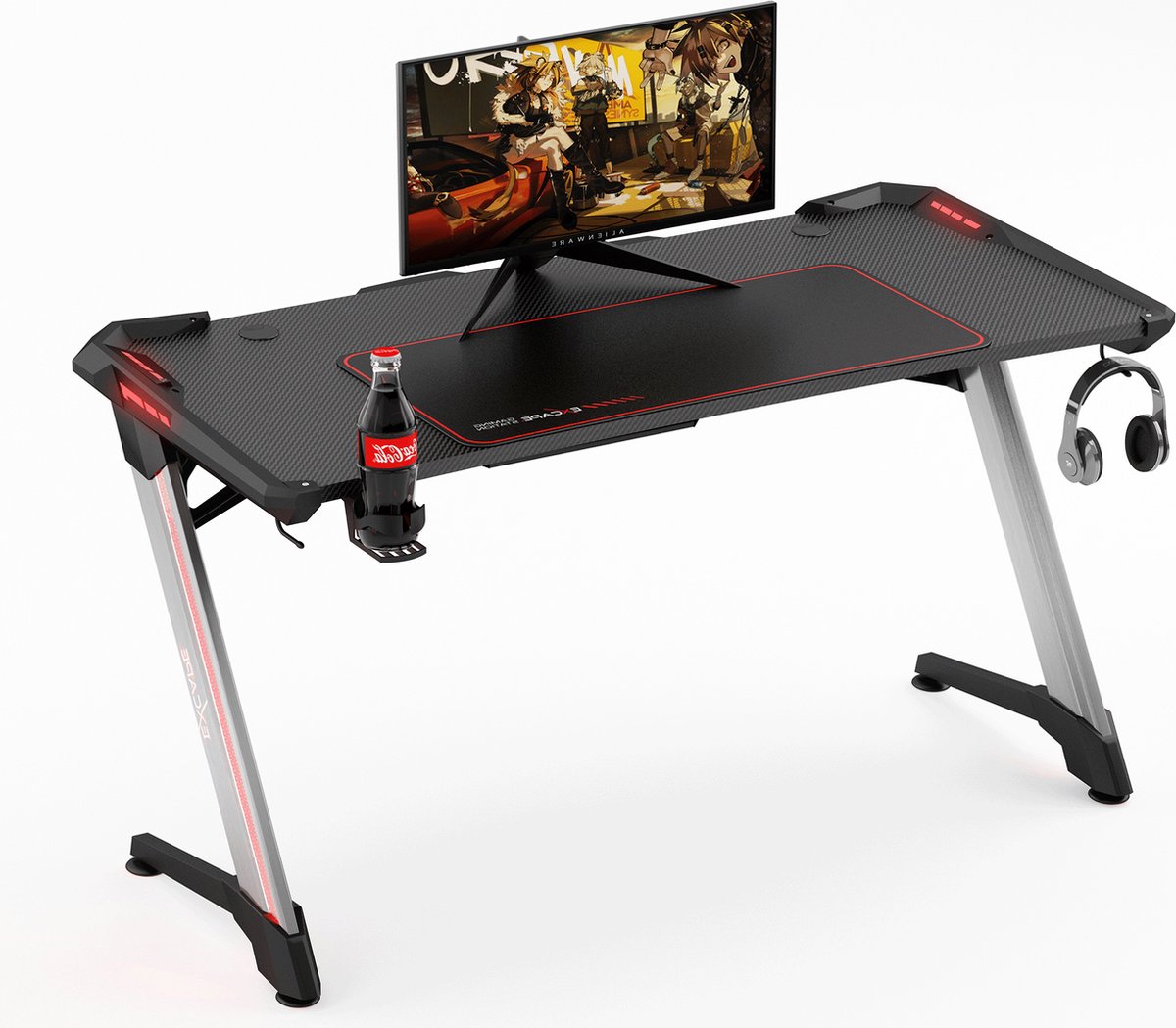 EXCAPE Gaming tafel Z12 ULTRA met LED/RGB verlichting - Z-vormige poten, carbon look, gaming desk - gaming tafel incl. drankhouder, hoofdtelefoonhouder - PC tafel, Gamer Desk