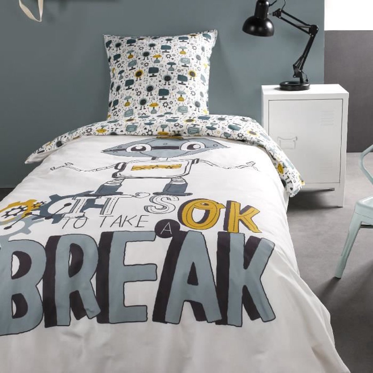 Kids Happy bedset - 1 persoons - 140 x 200 cm - 100% katoen - Wit en grijs Kinderpatroon - TODAY